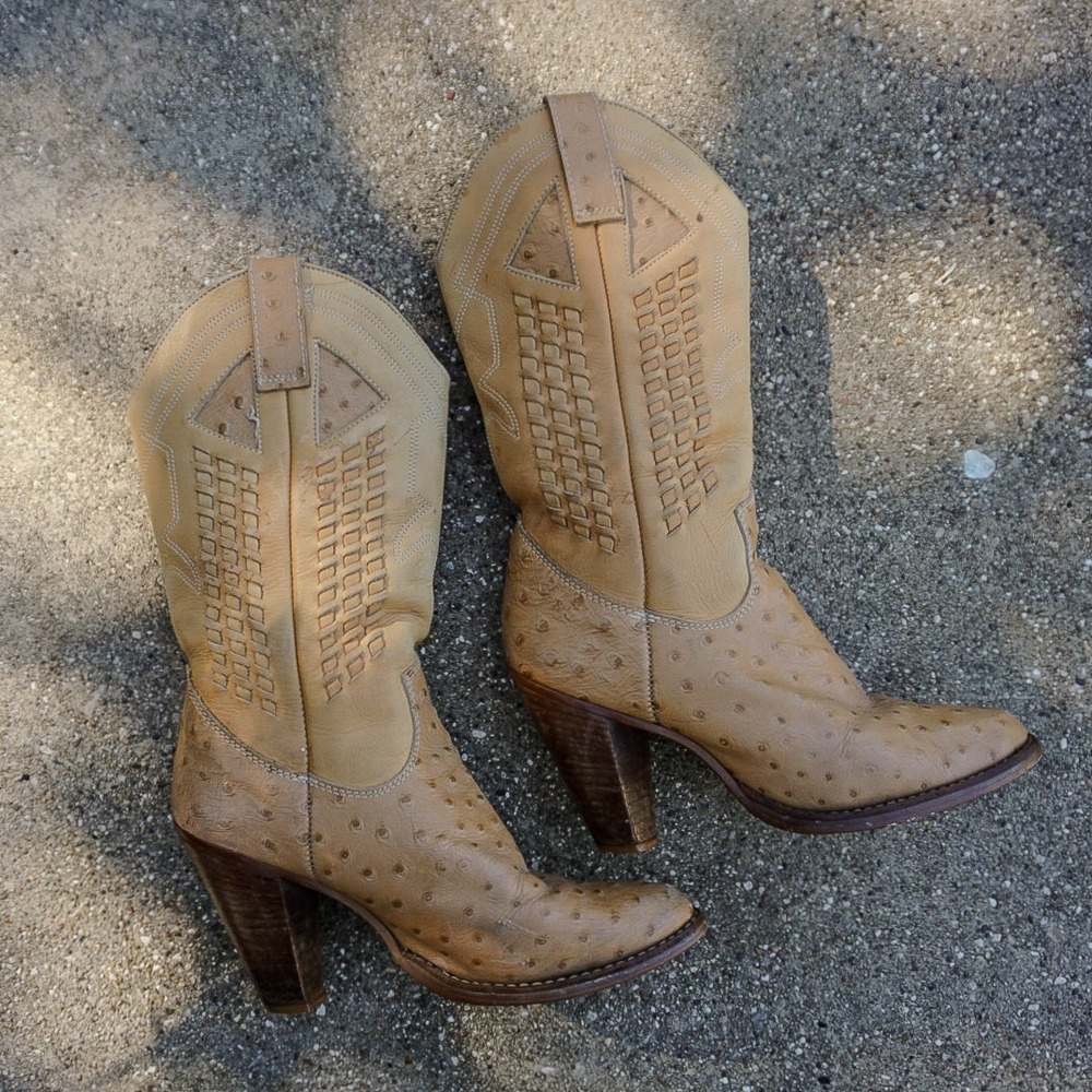 Vintage 1980s Zodiac USA Ostrich-Embossed Leather Western Cowboy Boots 6.5M